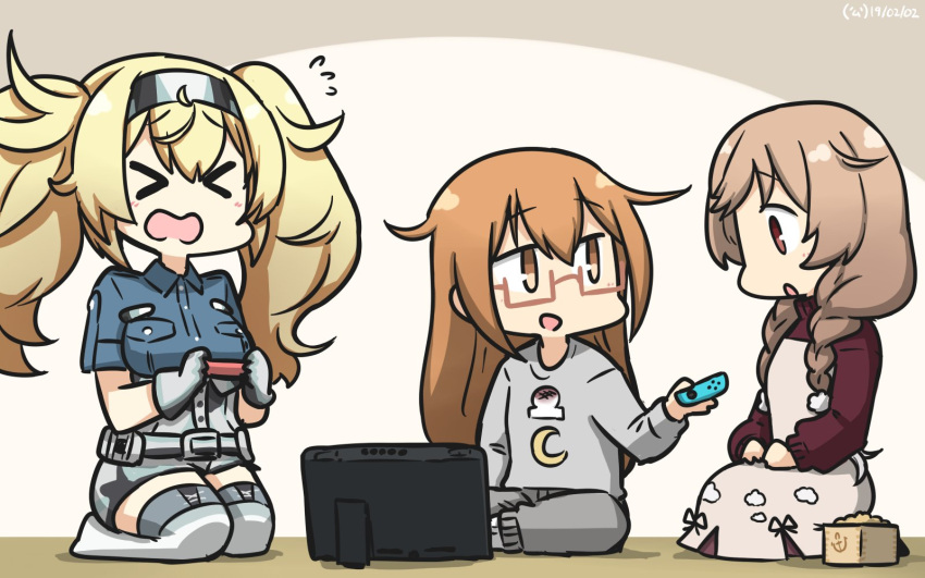 &gt;_&lt; 3girls alternate_costume anchor_symbol beige_dress blonde_hair blue_shirt box braid breast_pocket breasts brown_hair brown_sweater clothes_writing cloud_hair_ornament cloud_print collared_shirt commentary_request crescent dated gambier_bay_(kantai_collection) glasses gloves gradient_hair hairband hamu_koutarou highres kantai_collection kneeling large_breasts light_brown_hair long_hair masu minegumo_(kantai_collection) mochizuki_(kantai_collection) multicolored multicolored_clothes multicolored_gloves multicolored_hair multiple_girls nintendo_switch pocket red-framed_eyewear red_eyes shirt short_sleeves shorts sleepwear sweater thigh-highs twin_braids twintails white_legwear