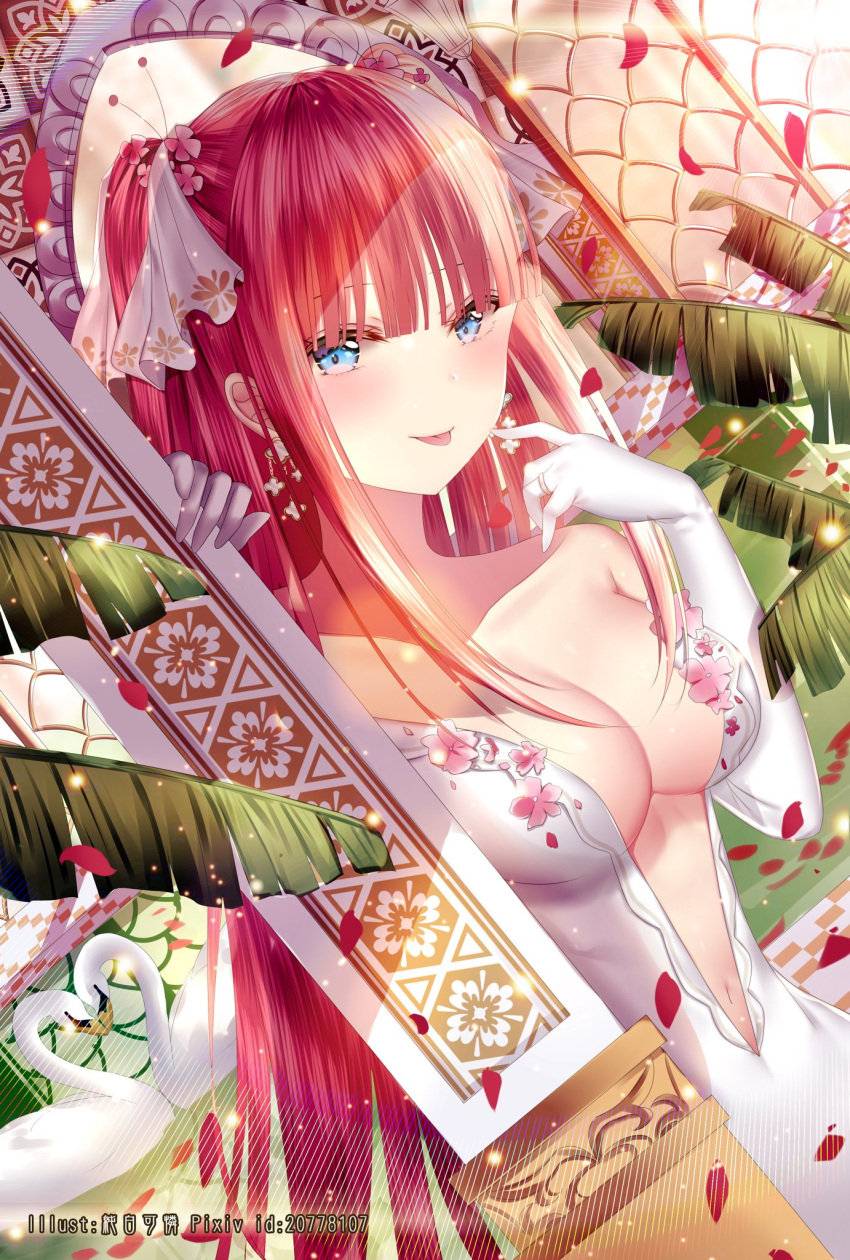 1girl artist_name bangs bare_shoulders bird blue_eyes blush bouquet breasts bridal_veil bride center_opening cleavage collarbone dress dutch_angle earrings elbow_gloves flower gloves go-toubun_no_hanayome hair_ornament hair_ribbon hand_up highres jewelry junpaku_karen large_breasts lens_flare light_particles long_hair looking_at_viewer nakano_nino navel pink_hair pixiv_id redhead ribbon ring shade sidelocks smile solo strapless strapless_dress swan tongue tongue_out veil wedding_band wedding_dress white_dress white_gloves