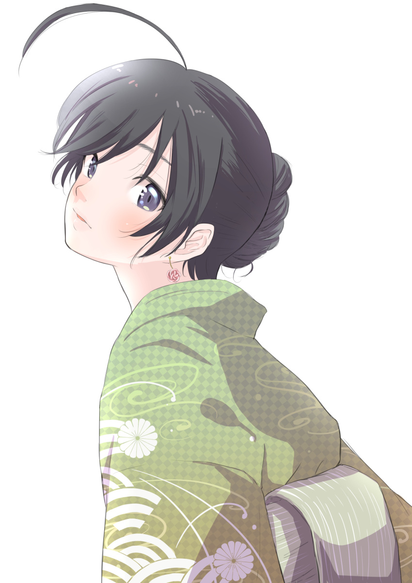 1girl alternate_hair_length alternate_hairstyle bangs black_eyes black_hair checkered checkered_kimono commentary earrings from_side girls_und_panzer green_kimono hair_bun hair_up head_tilt highres isuzu_hana japanese_clothes jewelry kimono light_frown lips looking_at_viewer obi oze_(xyz_go_go11) parted_lips print_kimono sash short_hair simple_background solo white_background