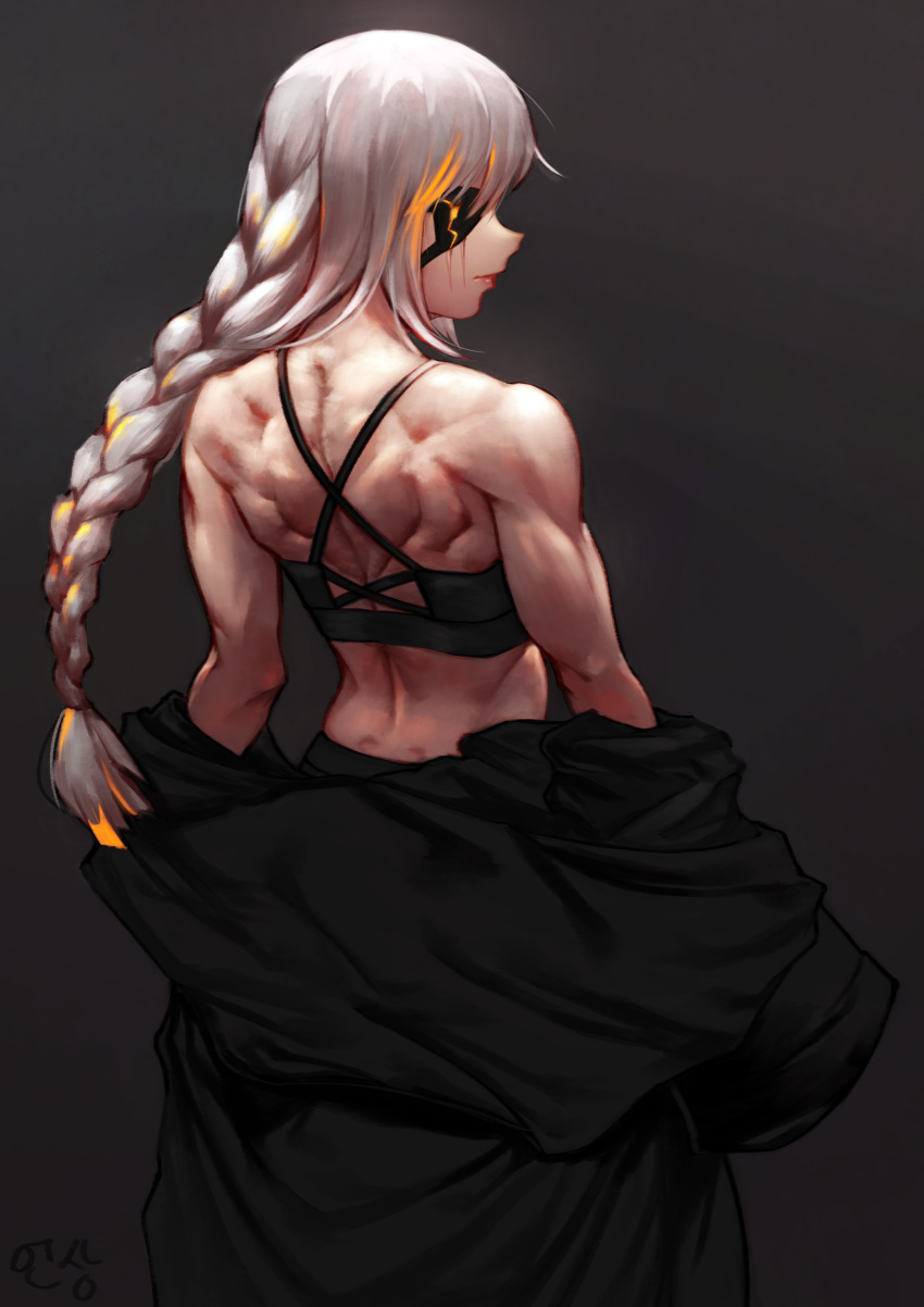 1girl absurdres back bare_shoulders black_background black_clothes blonde_hair braid criss-cross_halter dark_persona eonsang eyepatch from_behind girls_frontline halterneck highres long_hair looking_to_the_side m16a1_(girls_frontline) multicolored_hair muscle muscular_female nose sangvis_ferri scar scar_across_eye sidelocks signature simple_background solo streaked_hair undressing white_hair