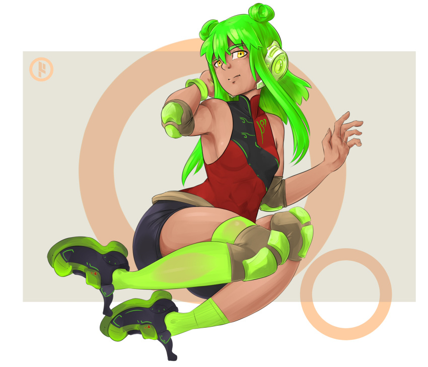 1girl absurdres bangs bare_arms bare_shoulders belt boots bracelet breasts closed_mouth dark_skin double_bun earphones eyebrows_visible_through_hair full_body green_hair hair_between_eyes highres japanese_clothes jewelry long_hair looking_at_viewer original shoes shorts simple_background small_breasts sneakers socks solo thigh-highs yellow_eyes