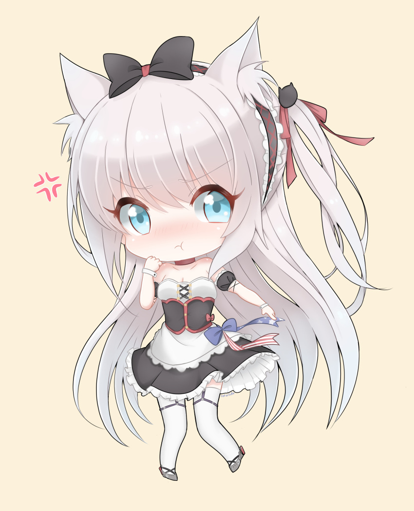 1girl :t american_flag american_flag_print animal_ear_fluff animal_ears apron azur_lane black_bow black_dress blue_eyes blush bow cat_ears cat_girl cat_hair_ornament chibi choker closed_mouth dress flag_print frilled_apron frills garter_straps hair_bow hair_ornament hammann_(azur_lane) highres looking_at_viewer one_side_up pout puffy_short_sleeves puffy_sleeves red_choker red_ribbon remodel_(azur_lane) ribbon short_sleeves silver_hair solo strapless strapless_dress thigh-highs waist_apron white_apron wrist_cuffs