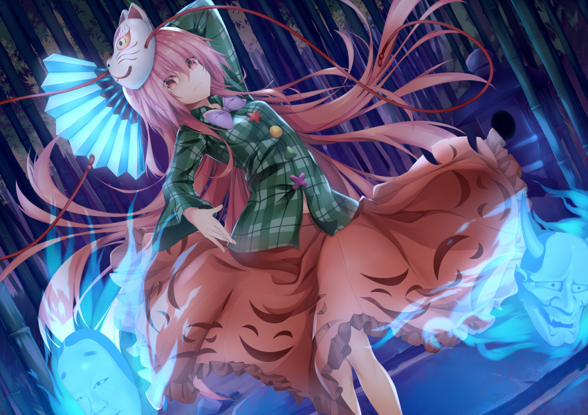 1girl absurdres arm_up aura bamboo bamboo_forest bangs bow bowtie breasts circle commentary_request dutch_angle eyebrows_visible_through_hair fan feet_out_of_frame folding_fan forest green_shirt hair_between_eyes hata_no_kokoro highres holding holding_fan kana616 long_hair long_sleeves mask mask_on_head nature night outdoors pink_eyes pink_hair pink_skirt plaid plaid_shirt purple_bow purple_neckwear rock shirt skirt small_breasts solo spanish_commentary standing star tassel touhou triangle very_long_hair x