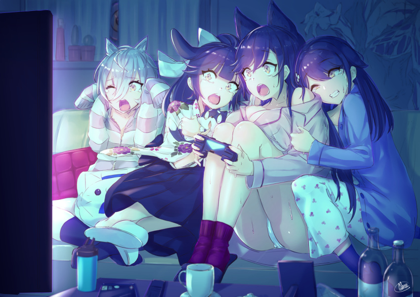 4koma animal_ears ass atago_(azur_lane) azur_lane bangs black_hair bottle breasts brown_eyes cardigan casual choukai_(azur_lane) clenched_teeth comic commentary couch covering_ears crossed_ankles crying crying_with_eyes_open curtains dog_ears extra_ears eyebrows_visible_through_hair hair_between_eyes hair_flaps hair_ornament half-closed_eye highres holding_controller hug indoors japanese_clothes kimono knees_up large_breasts long_hair mappaninatta maya_(azur_lane) mole mole_under_eye multiple_girls night off_shoulder one_eye_closed open_mouth pajamas pants pillow playing_games ponytail scared screen_light shirt shirt_pull short_hair siblings signature silver_hair sisters sitting slippers socks stuffed_animal stuffed_toy sweat swept_bangs table takao_(azur_lane) tears teeth television thighs very_long_hair watching_television