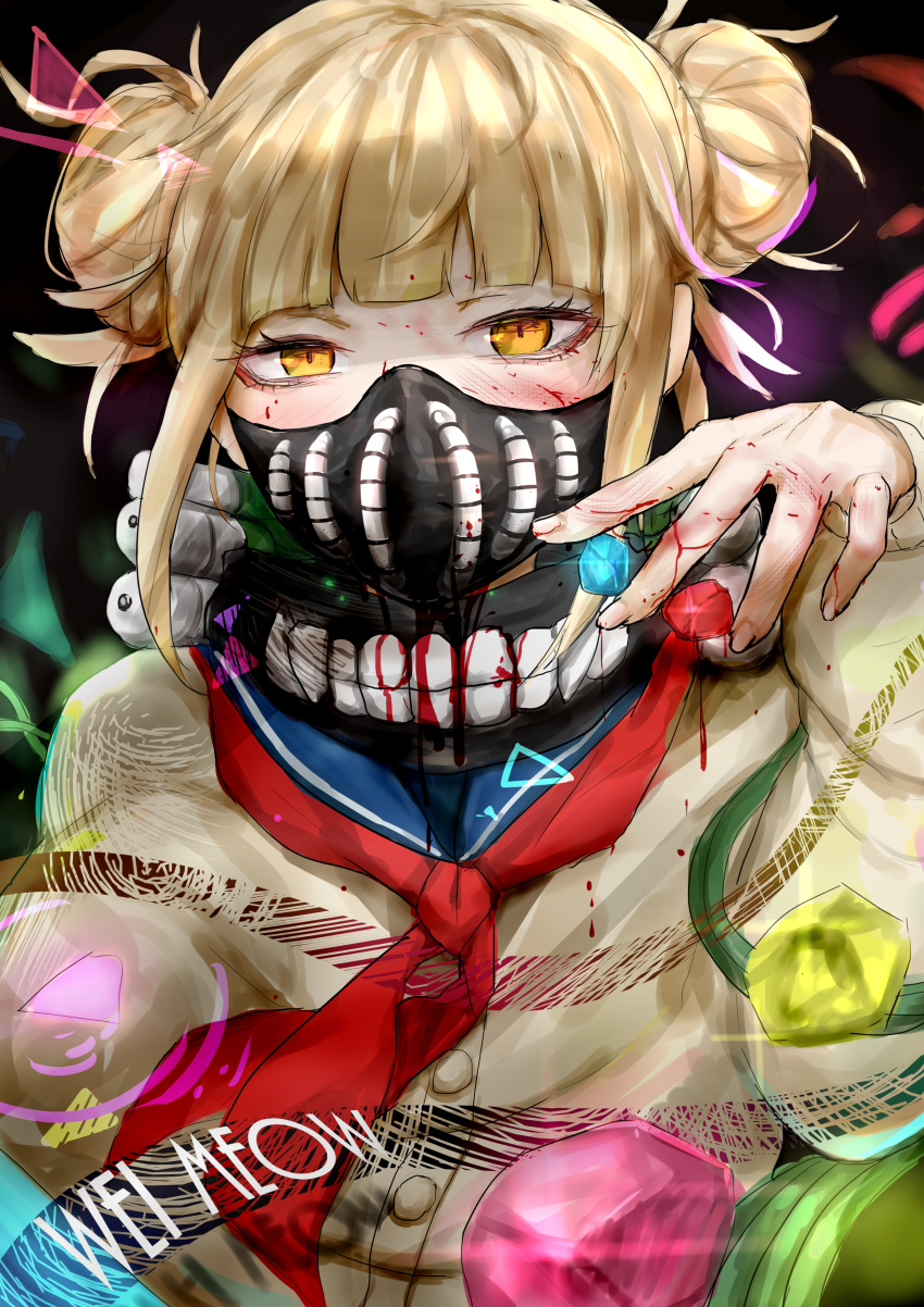 1girl absurdres blonde_hair blood bloody_clothes blue_sailor_collar boku_no_hero_academia borrowed_garments cardigan double_bun highres looking_at_viewer mask neckerchief red_neckwear sailor_collar short_hair solo toga_himiko upper_body wei_miao yellow_eyes