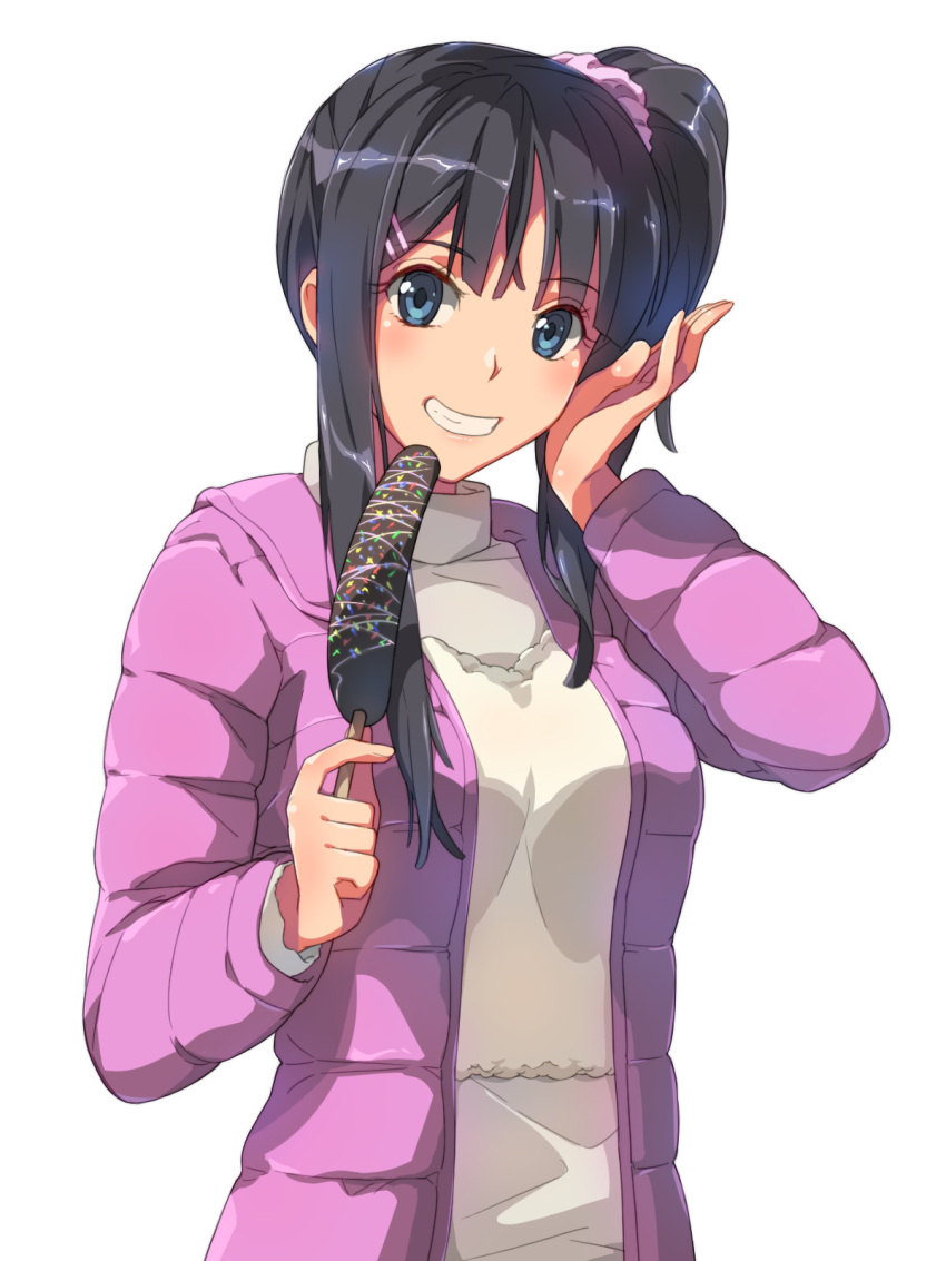 1girl :d bangs black_hair blue_eyes blush breasts chiharu_(9654784) doughnut eyebrows_visible_through_hair food grin hair_ornament hairclip hand_up highres holding holding_food hood hood_down hooded_jacket jacket long_hair long_sleeves looking_at_viewer medium_breasts open_clothes open_jacket open_mouth original purple_jacket revision side_ponytail sidelocks simple_background smile solo sweater teeth turtleneck turtleneck_sweater upper_body white_background white_sweater