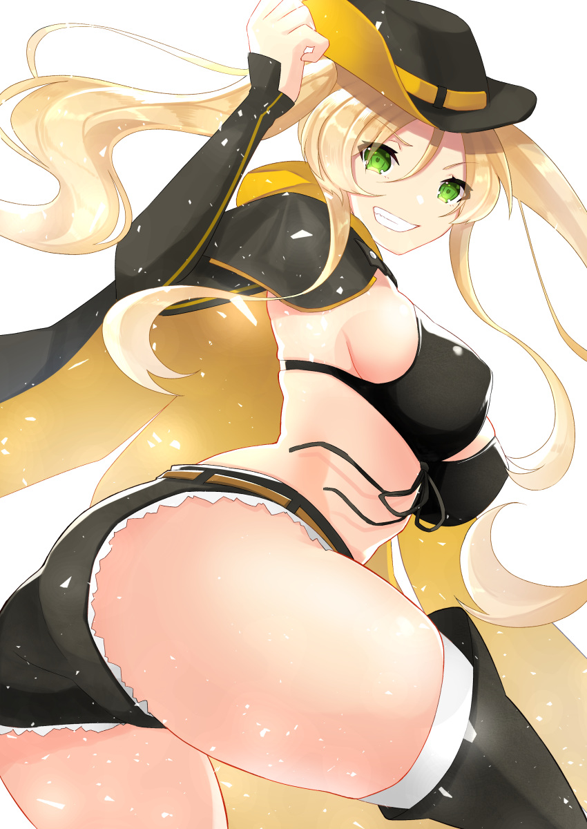 1girl absurdres azur_lane bangs bikini_top blonde_hair blush breasts cape cleavage commentary cowboy_hat green_eyes hat highres hornet_(azur_lane) large_breasts long_hair looking_at_viewer sanba_tsui shorts sideboob smile solo thigh-highs twintails very_long_hair