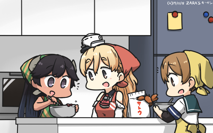 3girls alternate_hairstyle black_hair blonde_hair blush braid brown_eyes brown_hair closed_mouth commentary_request cooking crab eyebrows_visible_through_hair french_braid hair_between_eyes hamu_koutarou highres i-400_(kantai_collection) kantai_collection kitchen long_hair looking_at_viewer multiple_girls oboro_(kantai_collection) open_mouth oven refrigerator school_uniform serafuku shirt short_hair short_sleeves violet_eyes wavy_hair white_shirt zara_(kantai_collection)