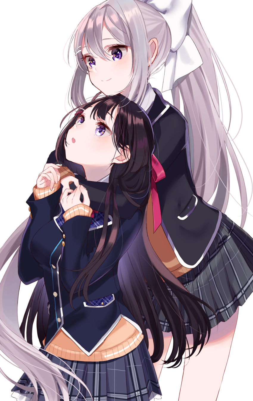 2girls :o bangs black_jacket blazer blush bow brown_hair brown_sweater closed_mouth eyebrows_visible_through_hair grey_skirt hair_between_eyes hair_bow hair_ornament hairclip hands_up highres higuchi_kaede jacket long_hair long_sleeves misumi_(macaroni) multiple_girls nijisanji open_blazer open_clothes open_jacket parted_lips plaid plaid_skirt pleated_skirt ponytail sidelocks silver_hair simple_background skirt sleeves_past_wrists smile sweater tsukino_mito very_long_hair violet_eyes virtual_youtuber white_background white_bow
