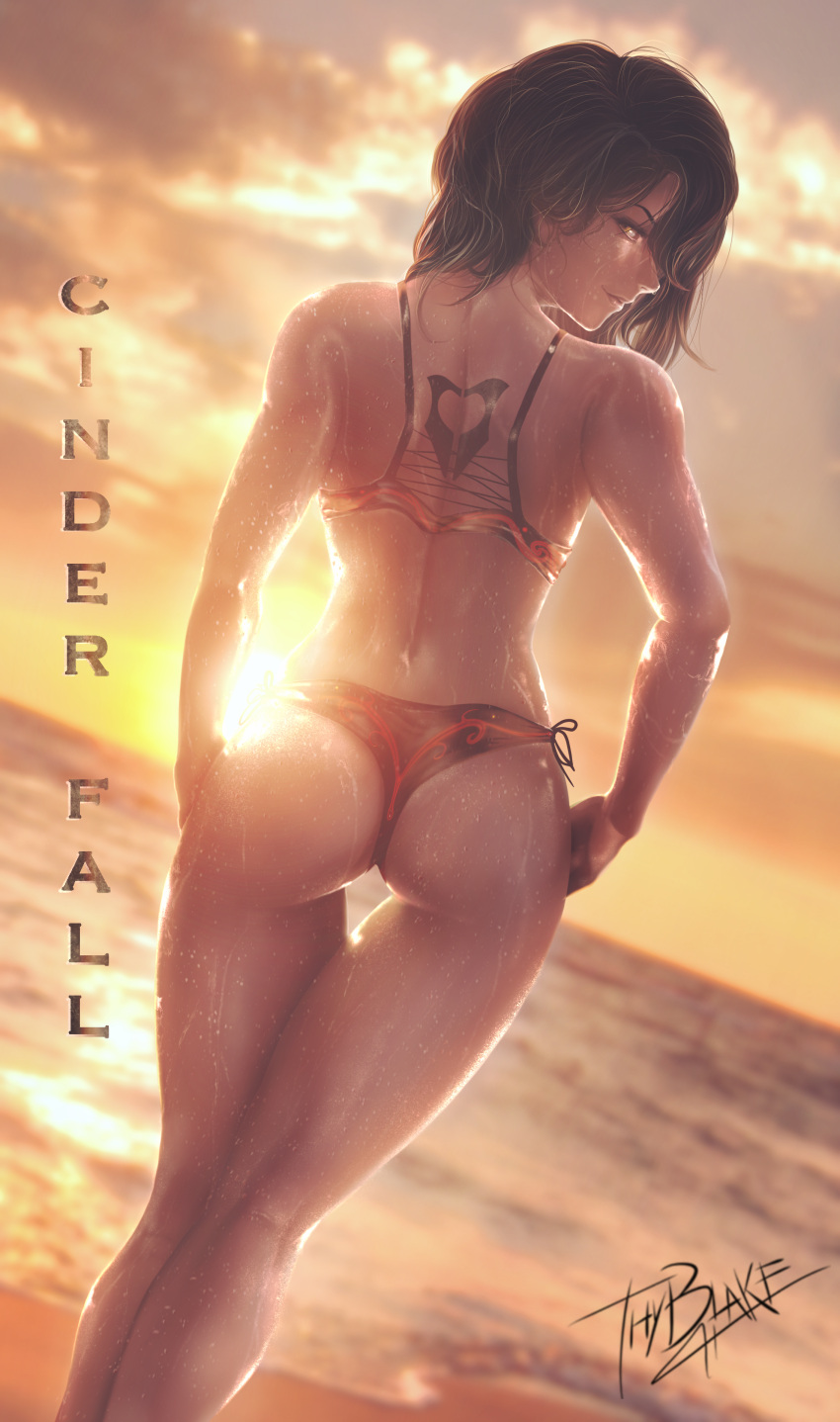 1girl absurdres ass backlighting bikini black_hair black_ribbon character_name cinder_fall clouds dutch_angle highres huge_filesize looking_at_viewer looking_back ocean outdoors ribbon rwby short_hair side-tie_bikini signature smile solo standing sunset swimsuit tattoo thigh_gap thyblake wet yellow_eyes