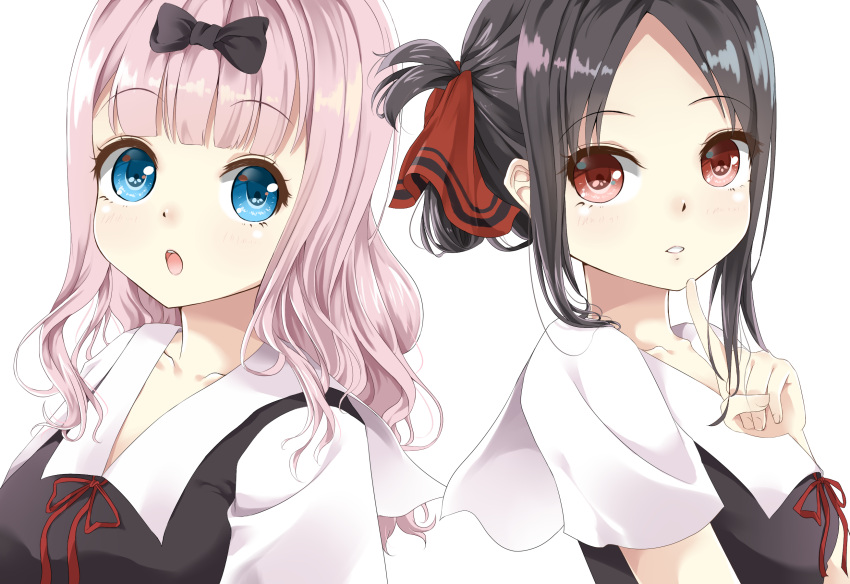 2girls :o bangs black_bow black_dress black_hair blue_eyes blush bow cenruier collarbone dress eyebrows_visible_through_hair finger_to_chin folded_ponytail fujiwara_chika hair_bow hair_ribbon highres index_finger_raised kaguya-sama_wa_kokurasetai_~tensai-tachi_no_renai_zunousen~ long_hair looking_at_viewer looking_away multiple_girls open_mouth parted_bangs pink_hair red_eyes red_ribbon ribbon shinomiya_kaguya shiny shiny_hair short_sleeves simple_background wavy_hair white_background white_sleeves