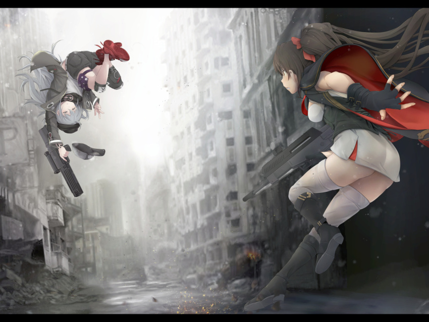 2girls assault_rifle black_hair boots city closed_eyes fighting fingerless_gloves g11_(girls_frontline) girls_frontline gloves grey_hair gun h&amp;k_g11 hat jumping multiple_girls qbz-97 qbz-97_(girls_frontline) rifle ruins shoes somersault thigh-highs torayuki twintails weapon