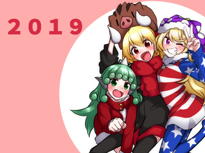 2019 3girls ;d american_flag_jacket american_flag_legwear animal animal_ears arm_up arms_up bangs black_jacket black_legwear blonde_hair boar clownpiece commentary_request fang fangs fur_collar green_eyes green_hair grin hat holding holding_animal horn jacket jester_cap kameyan komano_aun long_hair long_sleeves looking_at_viewer multiple_girls new_year one_eye_closed open_mouth pantyhose pink_background polka_dot red_eyes red_jacket red_scarf revision rumia scarf short_hair smile star star-shaped_pupils symbol-shaped_pupils thigh-highs touhou v violet_eyes zipper