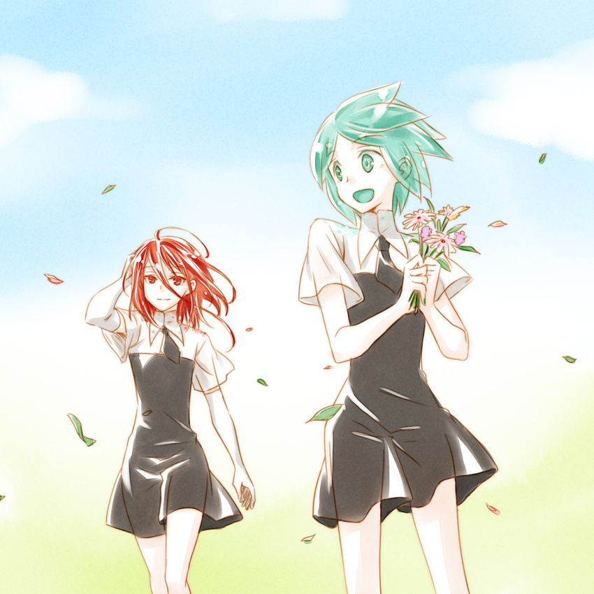 2others ahoge alternate_costume androgynous aqua_eyes aqua_hair blue_sky colored_eyelashes elbow_gloves eyebrows_visible_through_hair flower gem_uniform_(houseki_no_kuni) gloves green_eyes green_hair hair_between_eyes hand_in_hair happy highres houseki_no_kuni long_bangs multiple_others necktie open_mouth outdoors petals phosphophyllite red_eyes redhead shinsha_(houseki_no_kuni) short_hair sky smile umetofu