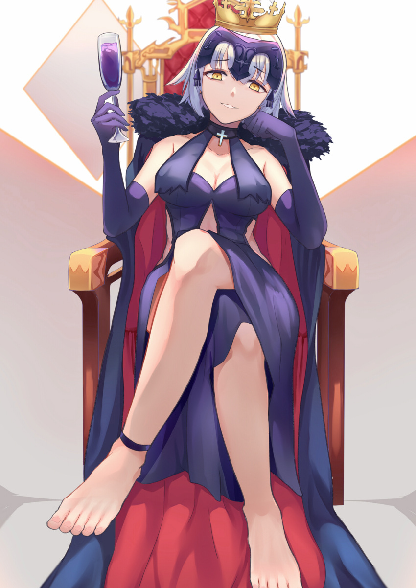 1girl ahoge ankle_strap arm_support bangs bare_legs bare_shoulders barefoot breasts cape cleavage collarbone colored_eyelashes cross crown cup donggua_bing_cha dress drink elbow_gloves eyebrows_visible_through_hair fate/grand_order fate_(series) feet fur-trimmed_cape fur_trim gloves hand_on_own_cheek headpiece highres holding holding_cup jeanne_d'arc_(alter)_(fate) jeanne_d'arc_(fate)_(all) legs_crossed medium_breasts midriff parted_lips purple_cape purple_dress purple_gloves short_hair silver_hair sitting solo throne yellow_eyes