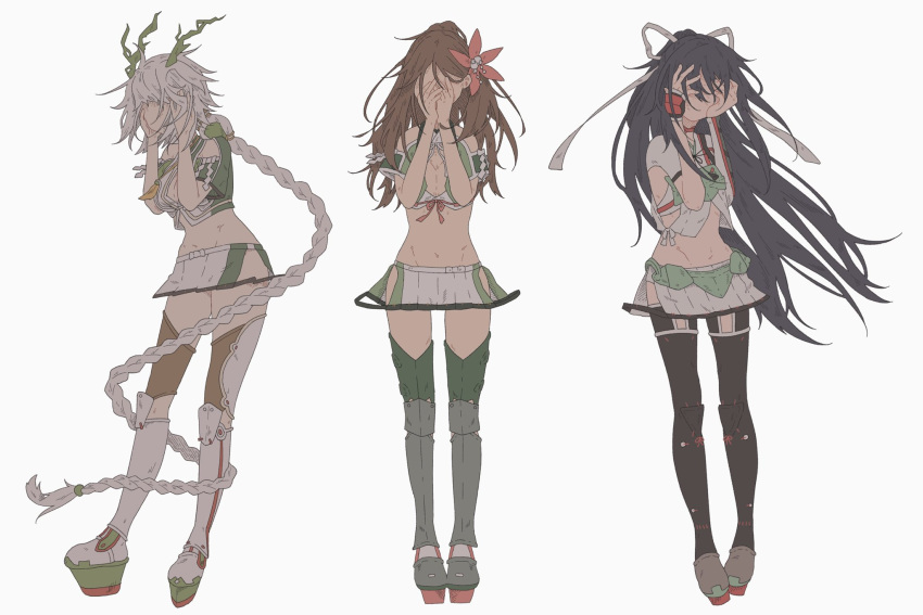 absurdly_long_hair amagi_(kantai_collection) armored_boots asymmetrical_gloves bare_shoulders black_hair black_legwear boots braid breasts brown_hair cleavage cleavage_cutout commentary_request covering_face full_body gloves hair_leaf hair_ornament hair_ribbon hands_together highres hip_vent horns kantai_collection katsuragi_(kantai_collection) leaf long_hair maple_leaf medium_breasts microskirt midriff multiple_girls navel pleated_skirt red_rope remodel_(kantai_collection) ribbon rope rudder_footwear rudder_shoes shide short_sleeves silver_hair simple_background single_braid skirt small_breasts thigh-highs unryuu_(kantai_collection) very_long_hair white_background white_ribbon white_skirt yama_(yam0a)