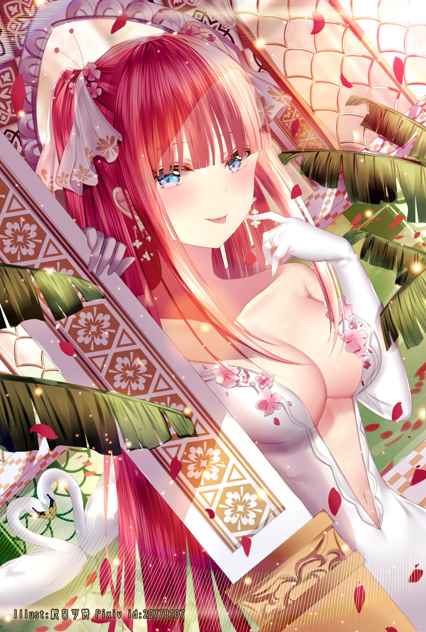 1girl absurdres artist_name bangs bare_shoulders bird blue_eyes blush bouquet breasts bridal_veil bride center_opening cleavage collarbone commentary dress dutch_angle earrings elbow_gloves flower gloves go-toubun_no_hanayome hair_ornament hair_ribbon hand_up highres huge_filesize jewelry junpaku_karen large_breasts lens_flare light_particles long_hair looking_at_viewer nakano_nino navel pink_hair pixiv_id redhead ribbon ring shade sidelocks smile solo strapless strapless_dress swan tongue tongue_out veil wedding_band wedding_dress white_dress white_gloves