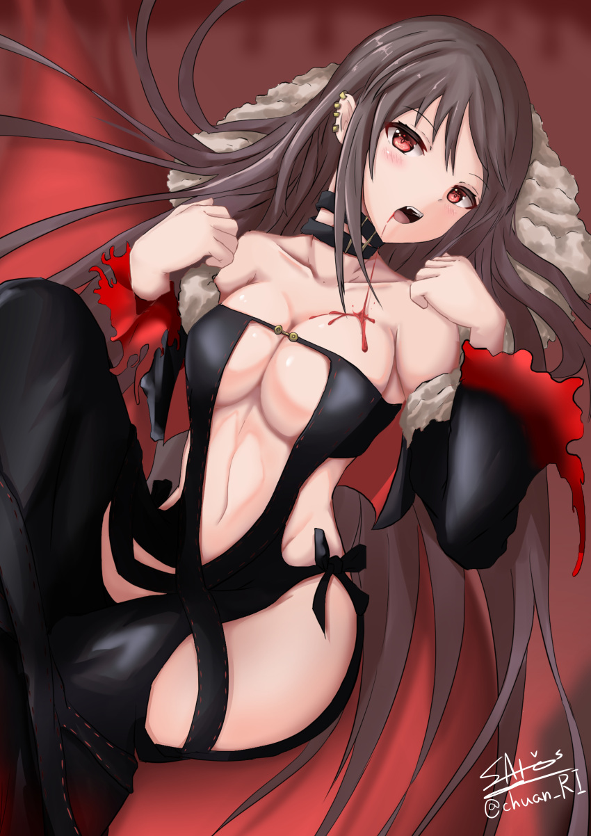 1girl absurdres artist_name bare_shoulders black_choker blood blood_from_mouth blood_on_chest blood_trail blush breasts brown_hair choker cleavage consort_yu_(fate) fangs fate/grand_order fate_(series) groin highres ichikawayan long_hair looking_at_viewer medium_breasts multiple_piercings open_mouth red_eyes solo thighs twitter_username wide_sleeves