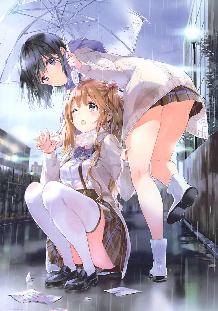 2girls ;o absurdres ankle_boots bangs black_hair blush boots breasts brown_eyes brown_hair eyebrows_visible_through_hair from_behind full_body grey_eyes hand_holding highres holding interlocked_fingers leaning_forward leg_up loafers long_hair long_sleeves medium_breasts multiple_girls one_eye_closed original paper pink_eyes plaid plaid_skirt purple_scarf rain rubber_boots scan scarf school_uniform shoes short_hair skirt squatting sweater tears thigh-highs tiv transparent transparent_umbrella umbrella violet_eyes water water_drop white_footwear white_legwear