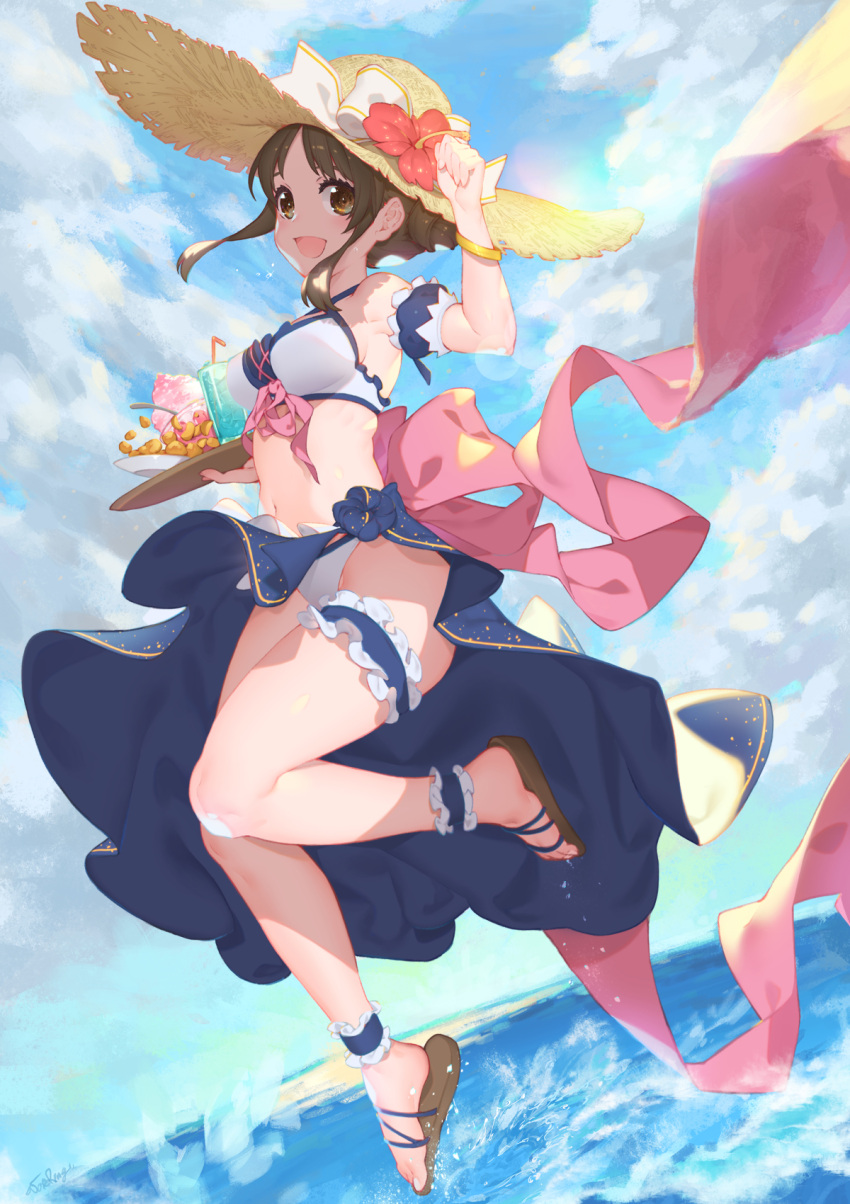1girl :d amano_suzume ankle_cuffs arm_up armpits bangle bare_legs bikini blue_skirt blush bow bracelet breasts brown_eyes brown_hair clouds cloudy_sky commentary_request cup day detached_sleeves drink drinking_glass flower food frills hair_bun hat hat_bow hat_flower hibiscus highres holding holding_tray horizon ice ice_cream ice_cube jewelry jumping leg_garter long_hair medium_breasts navel ocean open_mouth outdoors pink_ribbon plate princess_connect!_re:dive puffy_short_sleeves puffy_sleeves revision ribbon sandals short_sleeves sidelocks signature skirt sky smile solo splashing spoon stomach straw_hat swimsuit tareme tray water waterring white_bikini white_bow