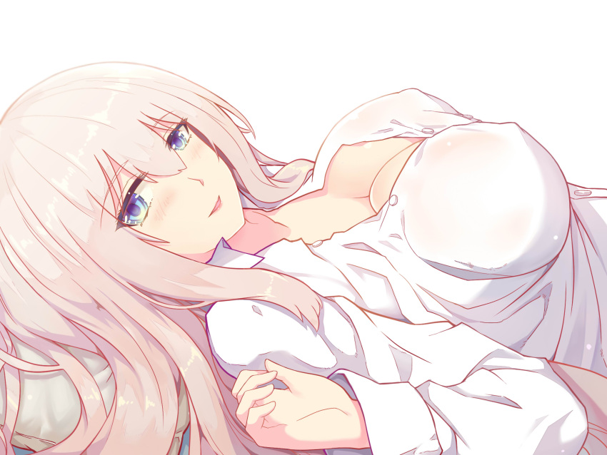 1girl blue_eyes breasts collarbone grey_hair hair_between_eyes highres large_breasts lexington_(warship_girls_r) long_hair long_sleeves looking_at_viewer lying on_back open_mouth partially_unbuttoned shirt sidelocks solo upper_body warship_girls_r white_shirt xiao_shei..