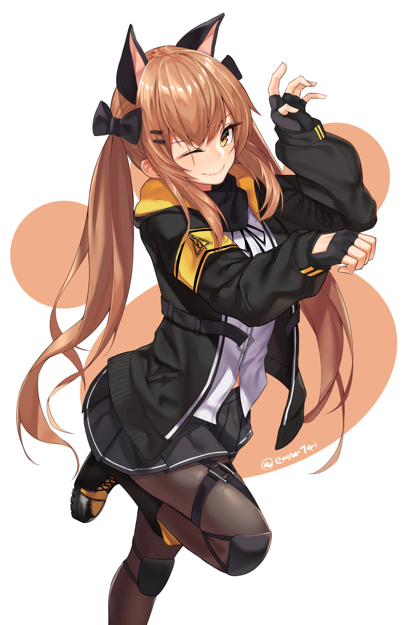 absurdres animal_ears bangs belt black_bow black_footwear black_gloves black_jacket black_legwear black_skirt blush boots bow brown_eyes brown_hair cat_ears closed_mouth fang_out fingerless_gloves girls_frontline gloves hair_between_eyes hair_bow hair_ornament hair_ribbon hairclip highres hood hood_down hooded_jacket jacket lips long_hair long_sleeves looking_at_viewer one_eye_closed open_clothes open_jacket pantyhose paw_pose paw_print pleated_skirt ribbon scar scar_across_eye shirt simple_background skirt smile standing standing_on_one_leg star741 twintails ump9_(girls_frontline) white_background white_shirt