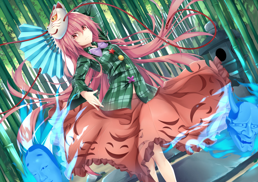 1girl absurdres arm_up aura bamboo bamboo_forest bangs bow bowtie breasts circle commentary_request dutch_angle eyebrows_visible_through_hair fan feet_out_of_frame folding_fan forest green_shirt hair_between_eyes hata_no_kokoro highres holding holding_fan kana616 long_hair long_sleeves mask mask_on_head nature outdoors pink_eyes pink_hair pink_skirt plaid plaid_shirt purple_bow purple_neckwear rock shirt skirt small_breasts solo spanish_commentary standing star tassel touhou triangle very_long_hair x