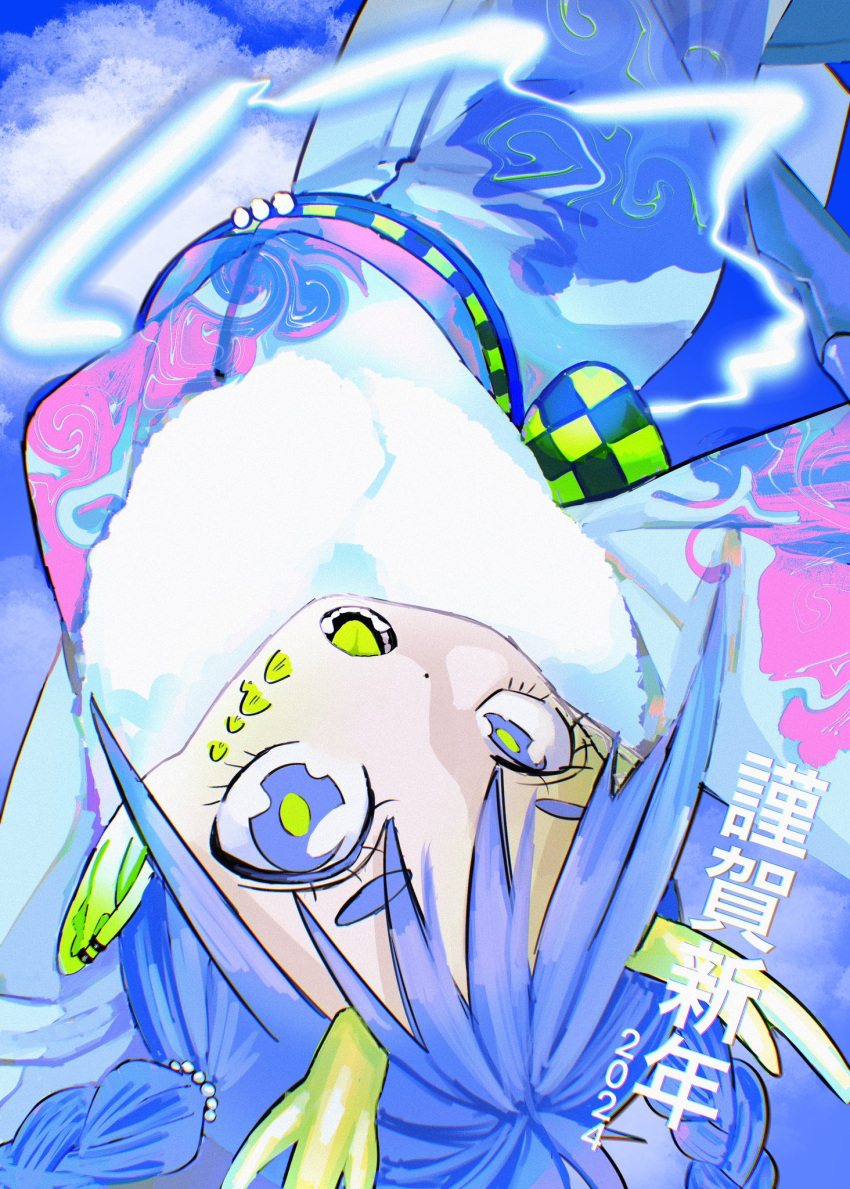 1girl 2024 blue_eyes blue_hair braid chinese_zodiac clouds colored_tongue dragon_girl dragon_horns fur_collar green_pupils green_tongue highres horns japanese_clothes kimono looking_at_viewer obi open_mouth original pointy_ears print_kimono sash scales solo twin_braids upside-down urokogaran year_of_the_dragon