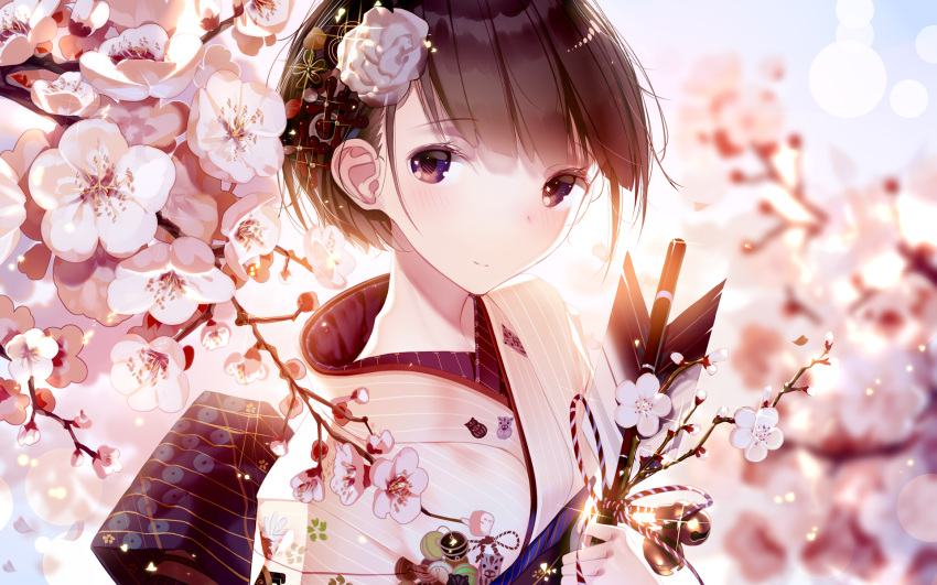 1girl arrow atha_(leejuiping) blue_sky blurry blurry_background blush brown_eyes brown_hair closed_mouth commentary_request day depth_of_field flower glint hair_flower hair_ornament hamaya head_tilt highres holding_arrow japanese_clothes kimono looking_at_viewer looking_to_the_side original outdoors revision short_hair sky smile solo striped tree_branch upper_body vertical-striped_kimono vertical_stripes white_flower white_kimono