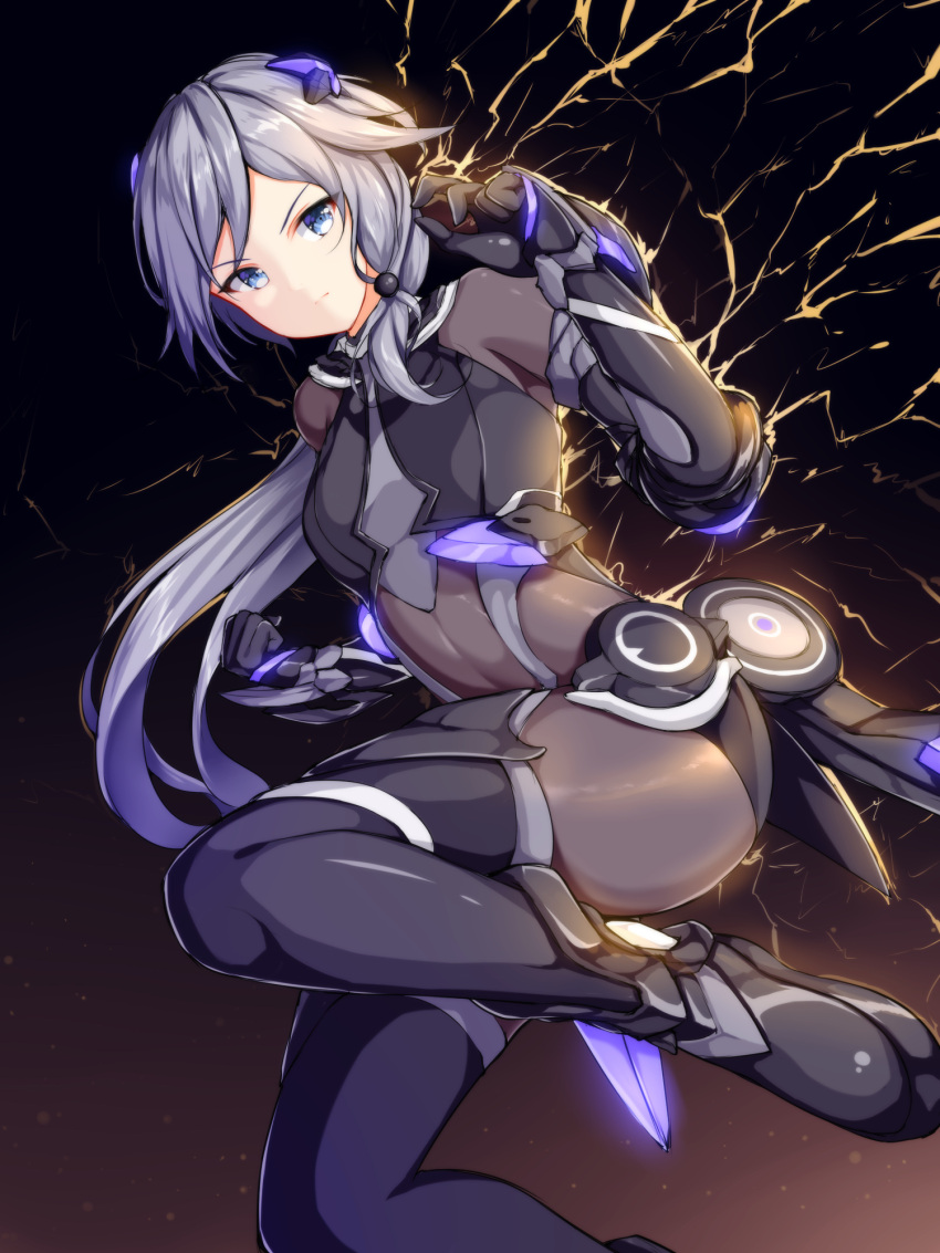 1girl arm_strap bangs black_bodysuit black_gloves blue_eyes bodysuit boots breasts elbow_gloves fu_hua gauntlets gloves hair_between_eyes hair_ornament hand_up highres honkai_(series) honkai_impact_3 jumping lightning long_hair looking_at_viewer medium_breasts ponytail power_suit shadow_knight_(honkai_impact) sidelocks small_breasts solo thigh-highs thigh_boots tied_hair v-shaped_eyebrows wsman
