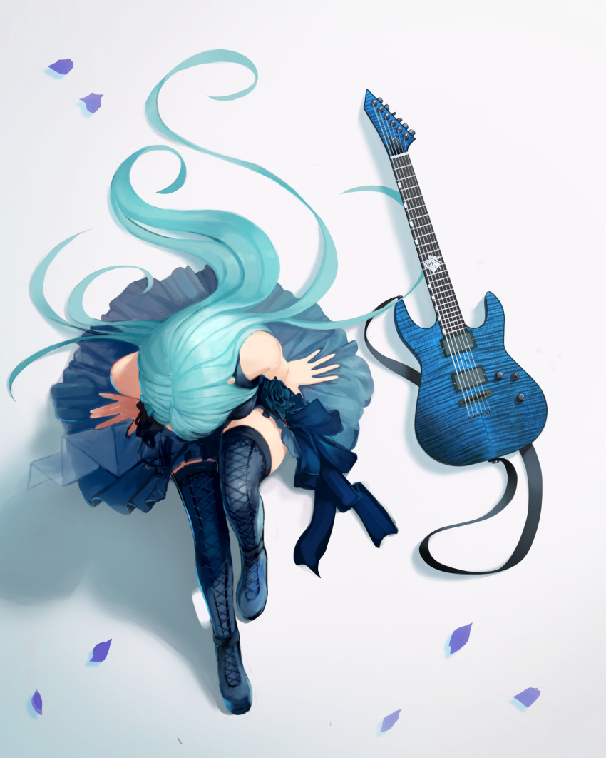 1girl aqua_hair arms_at_sides bang_dream! bare_arms bare_shoulders black_dress black_flower black_footwear black_rose blue_eyes boots commentary_request cross-laced_footwear dress electric_guitar esp_guitars flower from_above full_body guitar highres hikawa_sayo instrument knee_up korean_commentary lace-up_boots long_hair npt_(akzkfhsk0503) petals revision rose sitting sleeveless sleeveless_dress solo striped thigh-highs thigh_boots vertical_stripes very_long_hair