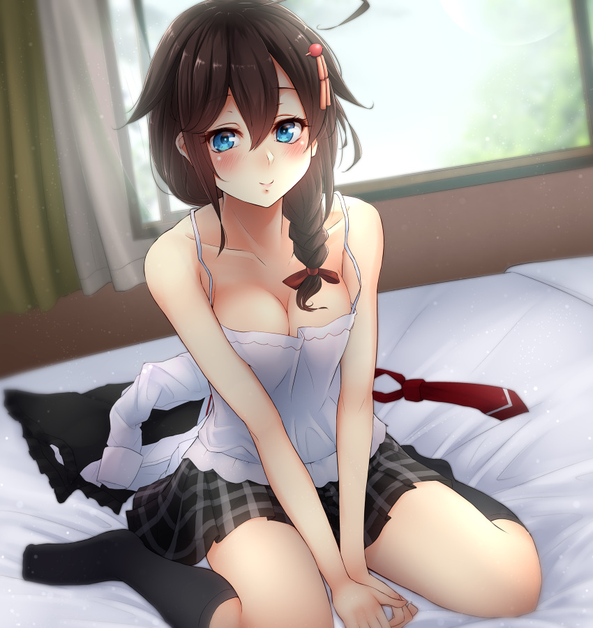 1girl alternate_costume bedroom black_hair black_legwear blue_eyes blush braid breasts checkered checkered_skirt closed_mouth eyebrows_visible_through_hair hair_between_eyes hair_flaps hair_ornament hair_over_shoulder hair_ribbon hairclip highres kantai_collection large_breasts neckerchief necktie nuka_(nvkka) on_bed pleated_skirt red_neckwear red_ribbon ribbon school_uniform shigure_(kantai_collection) single_braid sitting sitting_on_bed skirt socks solo tree wariza window