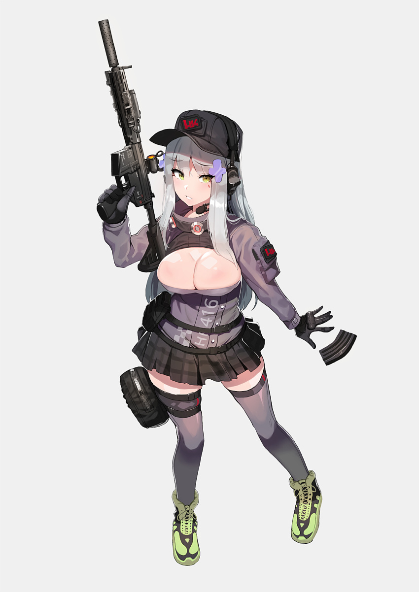 1girl assault_rifle bangs black_legwear black_skirt blunt_bangs blush breasts cleavage cleavage_cutout clothes_writing eyebrows_visible_through_hair facial_mark full_body girls_frontline gloves green_eyes grey_background gun h&amp;k_hk416 hair_ornament hat headphones heckler_&amp;_koch highres hk416_(girls_frontline) holding holding_gun holding_weapon ihobus jacket large_breasts long_hair looking_at_viewer plaid plaid_skirt pouch reloading rifle shoes silver_hair simple_background skindentation skirt sneakers solo teardrop thigh-highs thigh_strap turtleneck very_long_hair weapon