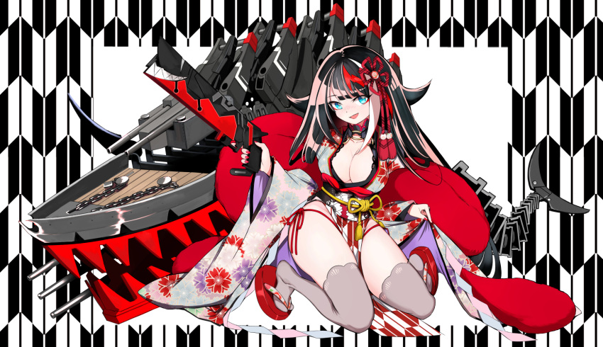 1girl azur_lane bangs black_hair blue_eyes breasts cleavage commentary_request deutschland_(azur_lane) gun hair_ornament highres ioa2324 japanese_clothes kimono large_breasts long_hair long_sleeves multicolored_hair nengajou new_year redhead revision rigging streaked_hair thigh-highs very_long_hair weapon wide_sleeves
