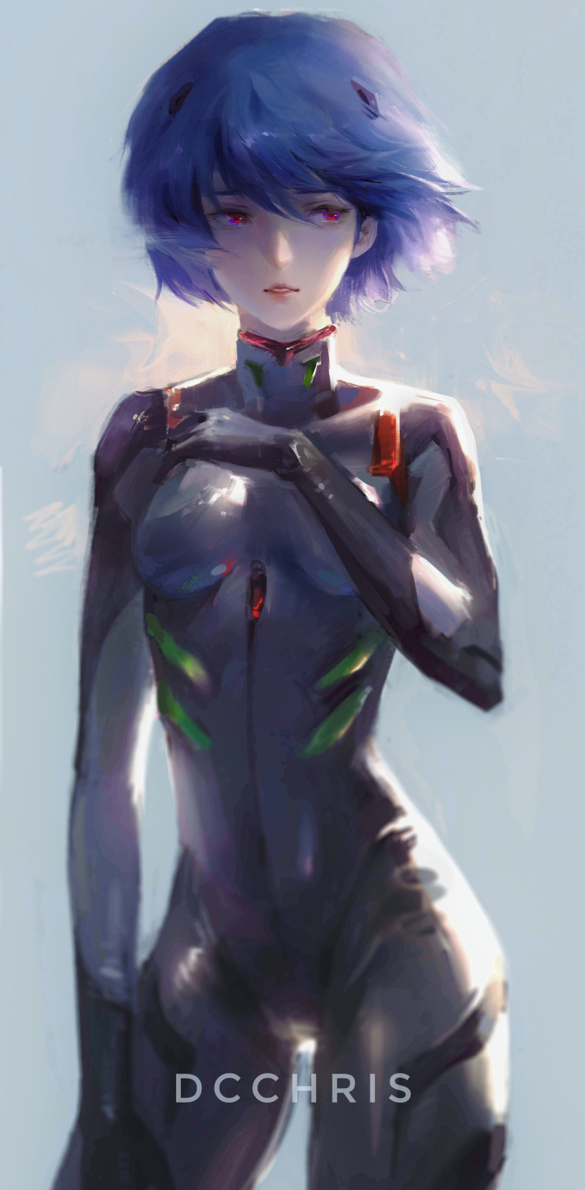 1girl absurdres artist_name ayanami_rei blue_hair dcchris highres neon_genesis_evangelion painterly parted_lips plugsuit rebuild_of_evangelion red_eyes short_hair skin_tight solo