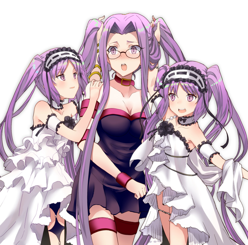 3girls absurdres alternate_hairstyle black_dress black_ribbon boshi_(a-ieba) choker collar dress elbow_gloves euryale fate/grand_order fate_(series) frilled_hairband frills glasses gloves hairband headdress height_difference highres lolita_hairband long_hair multiple_girls purple_hair ribbon rider short_dress siblings sisters sleeveless stheno strapless strapless_dress twins twintails twintails_day very_long_hair violet_eyes white_dress