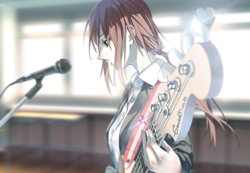1girl bangs bass_guitar black_cardigan blurry blurry_background brown_hair buttons classroom from_side instrument long_hair low_ponytail microphone nail original pale_skin ponytail school shirt solo upper_body white_shirt window zxlai