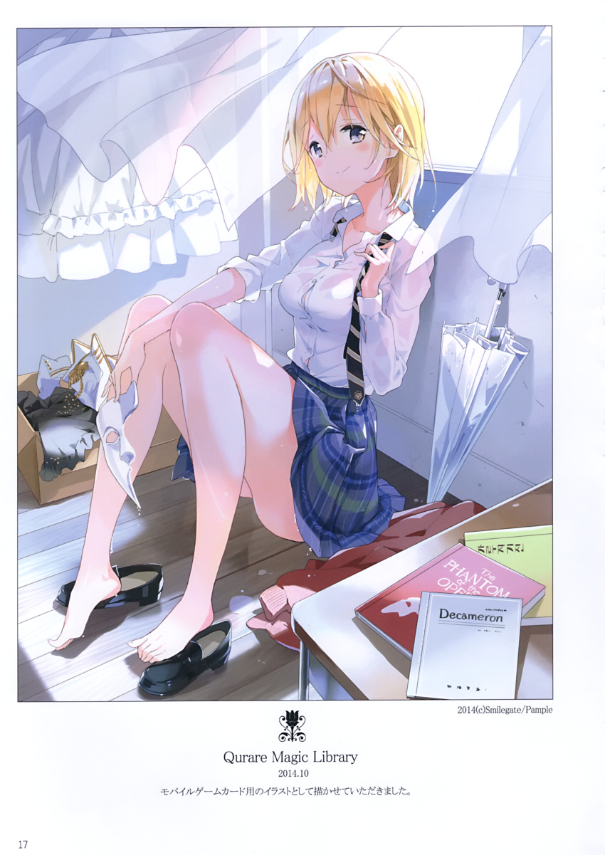 1girl absurdres bangs barefoot blonde_hair blush book breasts buttons closed_mouth collarbone curtains desk eyebrows_visible_through_hair full_body grey_eyes highres holding indoors loafers long_sleeves looking_at_viewer mask medium_breasts necktie original page_number scan school_desk school_uniform shirt shoes short_hair skirt sleeves_rolled_up solo thighs tiv toenails toes umbrella water water_drop wet wet_clothes white_shirt window
