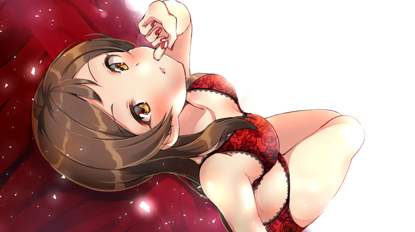 1girl bed_sheet blush bra breasts brown_eyes brown_hair cleavage collarbone floral_print frilled_bra frilled_panties frills highres idolmaster idolmaster_million_live! kitazawa_shiho long_hair looking_at_viewer lying medium_breasts nail_polish on_back panties parted_lips print_bra print_panties red_bra red_nails red_panties shiitake_taishi simple_background solo underwear underwear_only white_background