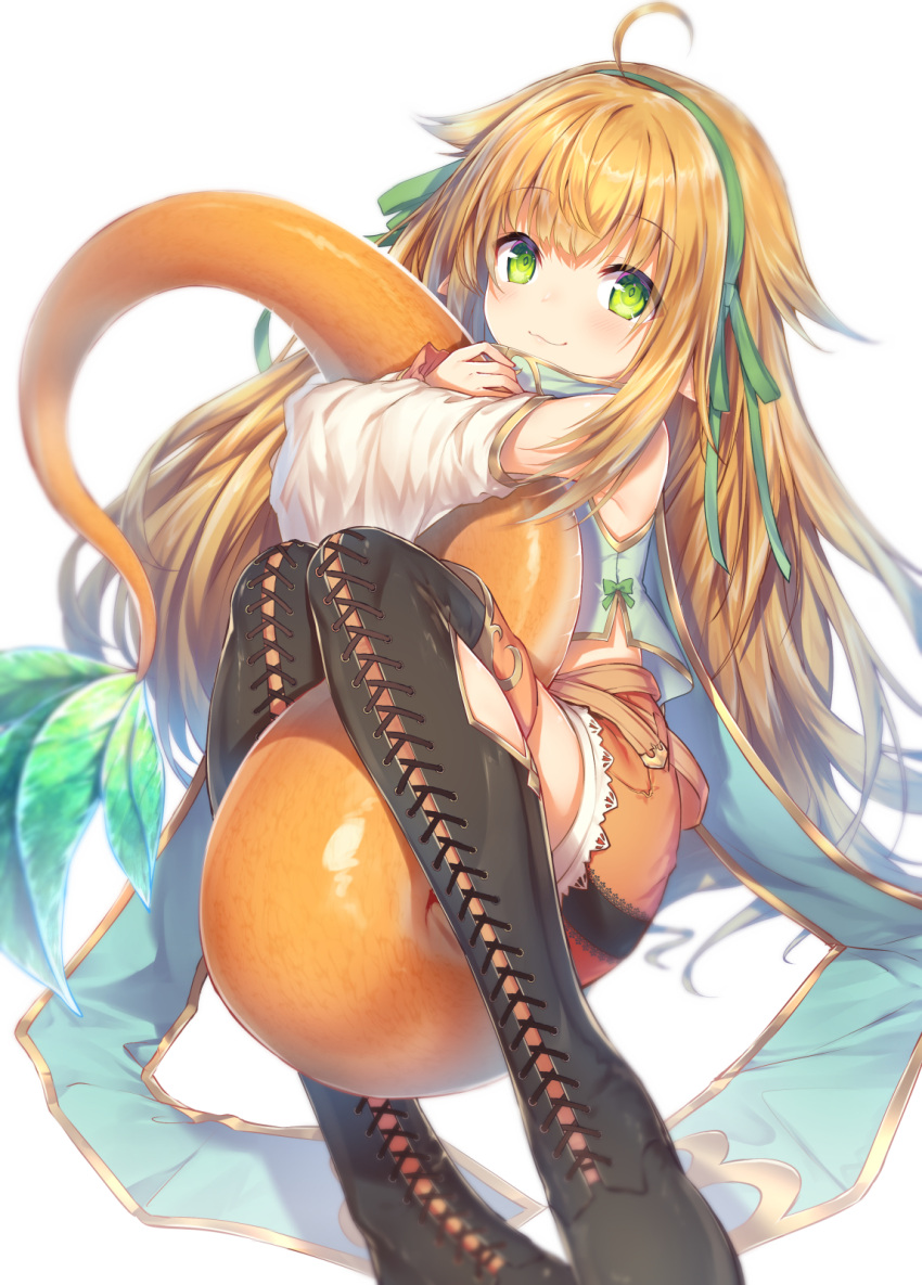 1girl :3 ahoge armpit_crease bangs bare_shoulders blonde_hair blurry blush closed_mouth commentary_request depth_of_field detached_sleeves dragon_tail eyebrows_visible_through_hair full_body green_eyes green_ribbon green_shirt hair_ribbon highres knees_together_feet_apart knees_up leaf long_hair long_sleeves looking_at_viewer midriff_peek orange_shorts original ribbon shirt short_shorts shorts sidelocks simple_background sitting smile solo tail tail_hug topia very_long_hair white_background wide_sleeves