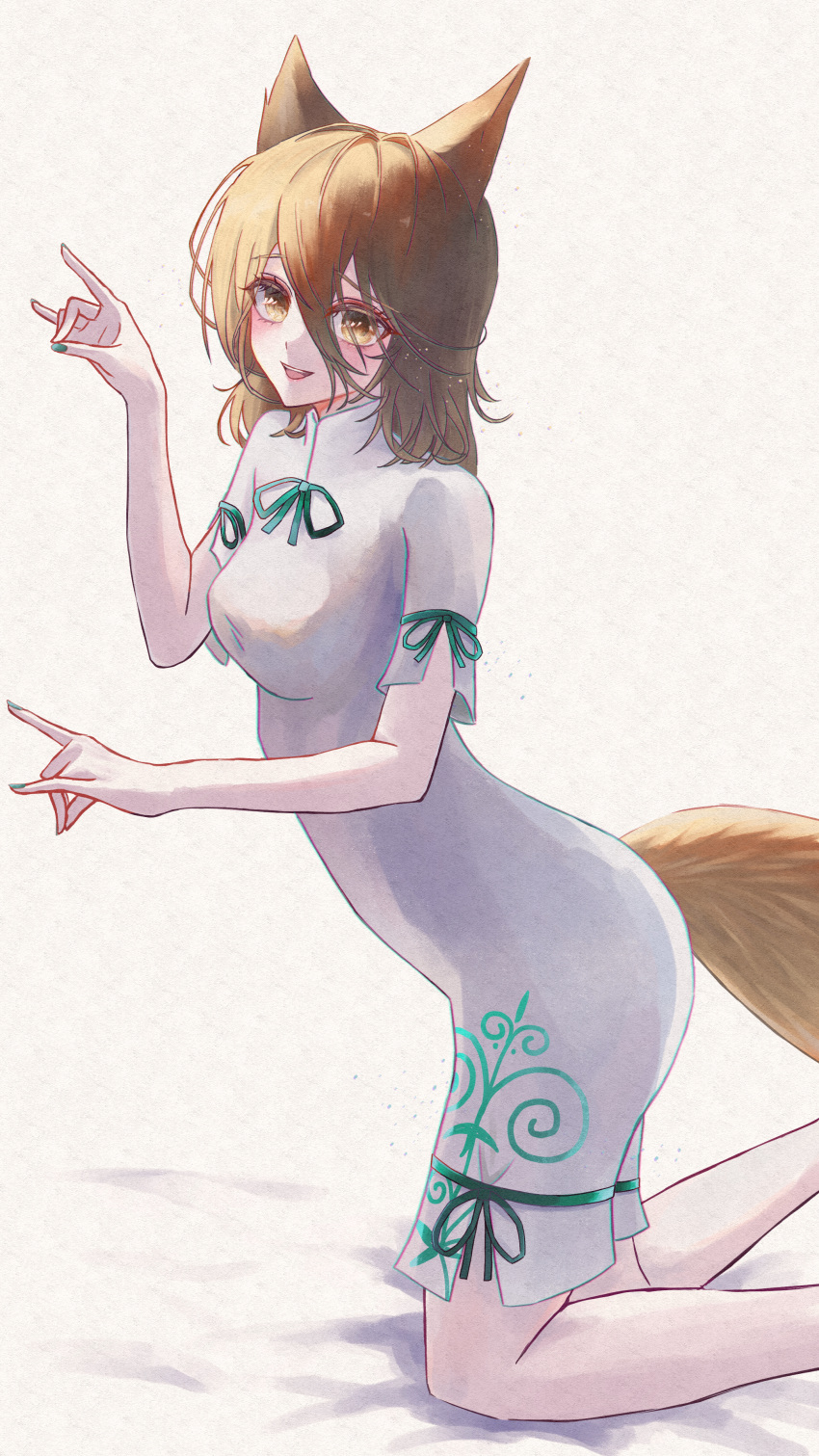 1girl absurdres animal_ears bangs bed blonde_hair blush bow breasts brown_hair eyebrows_visible_through_hair eyes_visible_through_hair feet_out_of_frame fingernails fox_ears fox_shadow_puppet fox_tail green_bow green_nails grey_romper hair_between_eyes hands_up highres kudamaki_tsukasa light_brown_hair long_fingernails looking_at_viewer m4_gun medium_breasts nail_polish on_bed open_mouth romper seiza short_sleeves simple_background sitting sitting_on_bed smile solo tail teeth tongue touhou white_background yellow_eyes