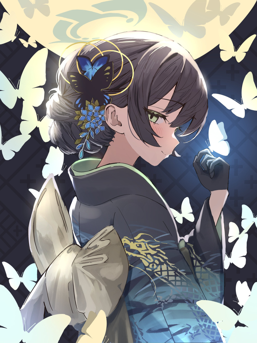 1girl absurdres black_gloves black_hair black_kimono blue_archive blush butterfly_hair_ornament closed_mouth from_side gloves green_eyes grey_halo hair_ornament halo highres hiyayakko_(jfky2528) japanese_clothes kimono kisaki_(blue_archive) long_sleeves looking_at_viewer obi profile sash short_hair smile solo upper_body wide_sleeves