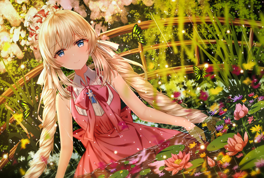 1girl absurdres animal bare_arms bare_shoulders blonde_hair blue_eyes blurry blush bug butterfly closed_mouth collared_shirt commentary commentary_request dress english_commentary fate/grand_order fate_(series) flower flower_on_liquid frilled_hat frills hat hat_flower highres insect junpaku_karen lily_pad long_hair low_twintails marie_antoinette_(fate/grand_order) mini_hat pink_flower purple_flower red_dress red_hat revision shirt sleeveless sleeveless_dress sleeveless_shirt smile solo tilted_headwear twintails very_long_hair water white_flower white_shirt yellow_flower