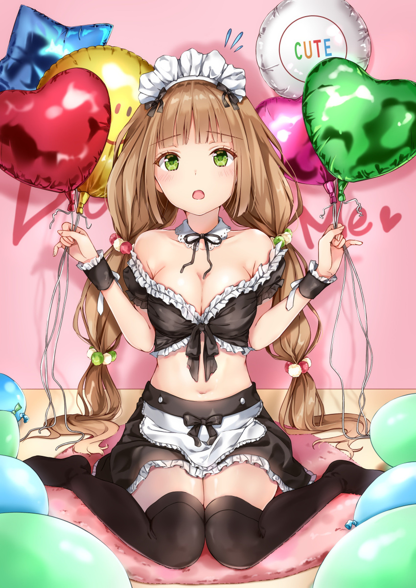 1girl absurdres apron balloon bangs bare_shoulders black_bow black_legwear black_ribbon black_skirt blunt_bangs blush bow breasts brown_hair cleavage clenched_hands collar collarbone crop_top english_text eyebrows_visible_through_hair fingernails flying_sweatdrops frilled_cuffs frilled_skirt frills front-tie_top full_body green_eyes hair_ornament hair_scrunchie heart heart_balloon highres holding holding_balloon long_hair looking_at_viewer low_twintails maid maid_apron medium_breasts midriff navel no_shoes off_shoulder on_floor original ribbon scrunchie skirt twintails twintails_day yoshida_iyo