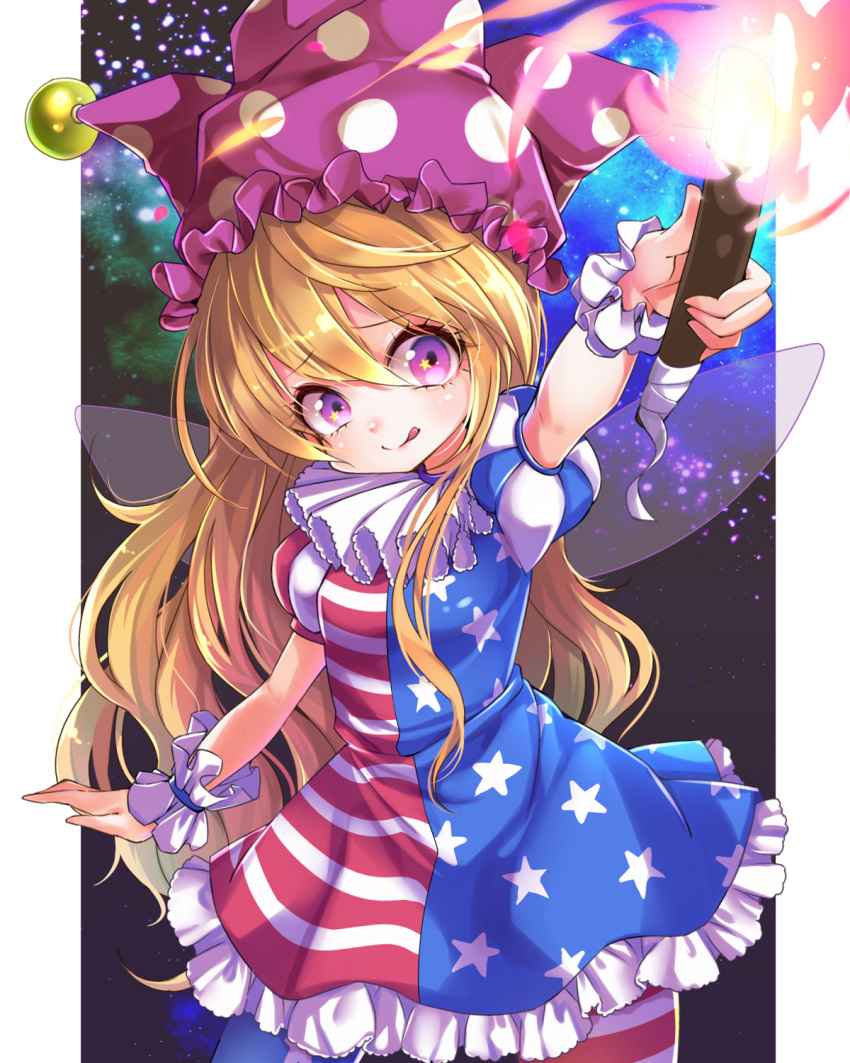 1girl :q american_flag_legwear american_flag_shirt american_flag_skirt arm_up blonde_hair clownpiece contrapposto fairy_wings frilled_skirt frills hair_between_eyes hat head_tilt highres holding_torch jester_cap long_hair looking_at_viewer nebula neck_ruff outstretched_arm puffy_short_sleeves puffy_sleeves short_sleeves skirt solo space star star_(sky) tongue tongue_out torch touhou very_long_hair violet_eyes wikumi wings wrist_cuffs