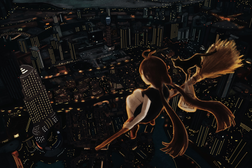 1girl absurdres ahoge bag black_cat black_dress blurry broom broom_riding brown_hair building cat city city_lights cityscape commentary dark dress from_above highres long_hair mikami_yui night original plastic_bag sitting solo twintails witch