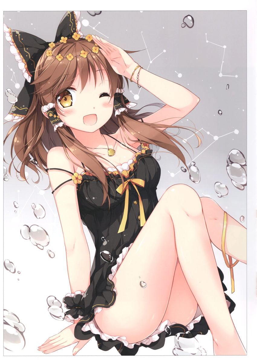 1girl ;d absurdres arm_at_side arm_support bangs bare_legs bare_shoulders black_dress blush bow bracelet breasts brown_hair bubble constellation dress dutch_angle eyebrows_visible_through_hair fingernails flower frills gradient gradient_background grey_background hair_bow hair_tubes hakurei_reimu halterneck hand_up head_wreath highres jewelry leg_ribbon long_hair looking_at_viewer medium_breasts mochizuki_shiina necklace off_shoulder one_eye_closed open_mouth red_bow red_dress ribbon scan scrunchie shell_necklace shiny shiny_hair shiny_skin short_dress sidelocks sitting sleeveless sleeveless_dress smile solo strap_slip touhou water water_drop wrist_scrunchie yellow_eyes yellow_flower yellow_ribbon