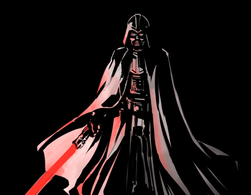 1boy armor beam black_background cape darth_vader energy_sword full_armor helmet highres ishiyumi lightsaber male_focus mask star_wars sword weapon