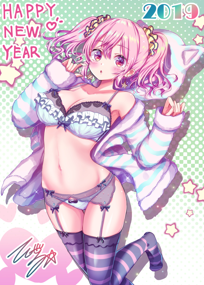 1girl 2019 :o absurdres animal_hood aqua_bra aqua_panties armpits bangs bare_shoulders black_legwear blush bra breasts cleavage collarbone commentary_request earrings frilled_bra frills garter_belt groin hair_between_eyes hair_ornament hair_scrunchie hands_up happy_new_year highres hood hoodie jewelry large_breasts leg_up lingerie long_hair long_sleeves looking_at_viewer navel new_year no_shoes original panties parted_lips pinching_sleeves pink_hair polka_dot polka_dot_background red_eyes revision scrunchie shadow sidelocks signature skindentation sleeves_past_wrists solo sparkle star star_earrings starry_background stomach strap_gap striped striped_legwear tenzeru thigh-highs twintails underwear wavy_hair yellow_scrunchie