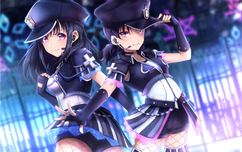 2girls alternate_hairstyle ass bangs black_hair breasts club_(shape) commentary_request cross elbow_gloves fingerless_gloves fishnets gloves hair_down hat headset highres kazuno_leah kazuno_sarah long_hair looking_at_viewer love_live! love_live!_sunshine!! love_live!_sunshine!!_the_school_idol_movie_over_the_rainbow low_twintails medium_breasts multiple_girls otsumami_(otsu-mugi) pink_eyes purple_hair saint_snow short_shorts short_sleeves shorts siblings sidelocks small_breasts spade_(shape) spoilers twintails